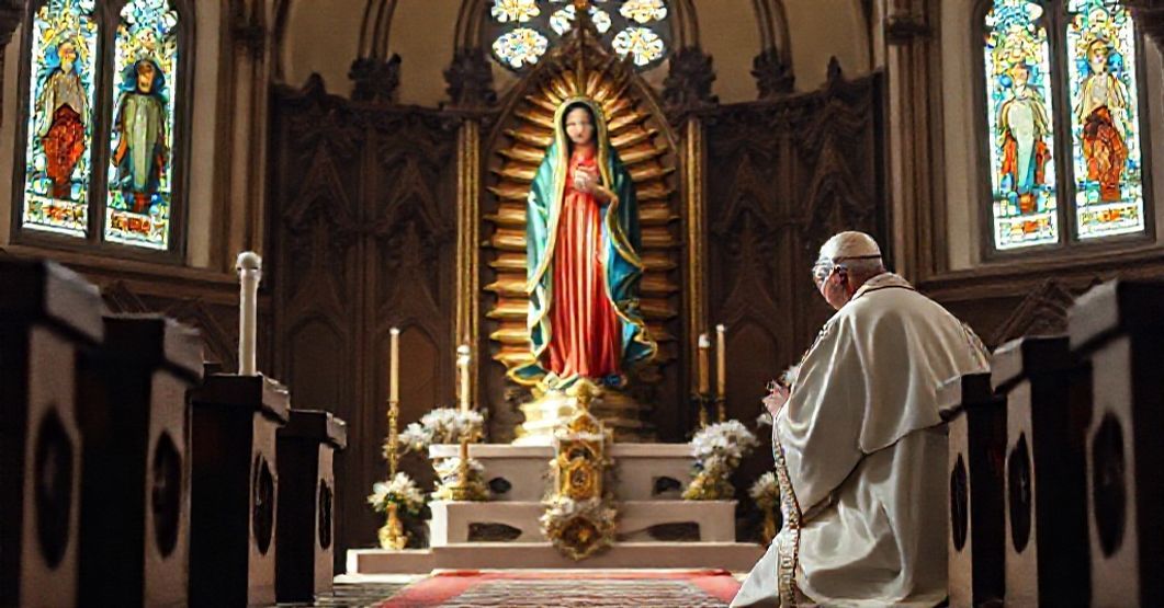 A reverent image of the Marian image 'Beata Maria Virgo de Guadalupe d'Estremadure' in a traditional Catholic church setting with a bishop kneeling in prayer.