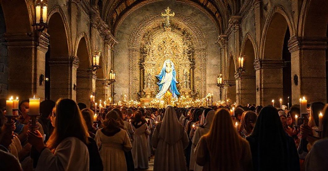 Traditional Marian Devotion at the Shrine of Beata Maria Virgo de la Cabeza A traditional Catholic procession honoring Beata Maria Virgo de la Cabeza at her shrine in Jaén, Spain.