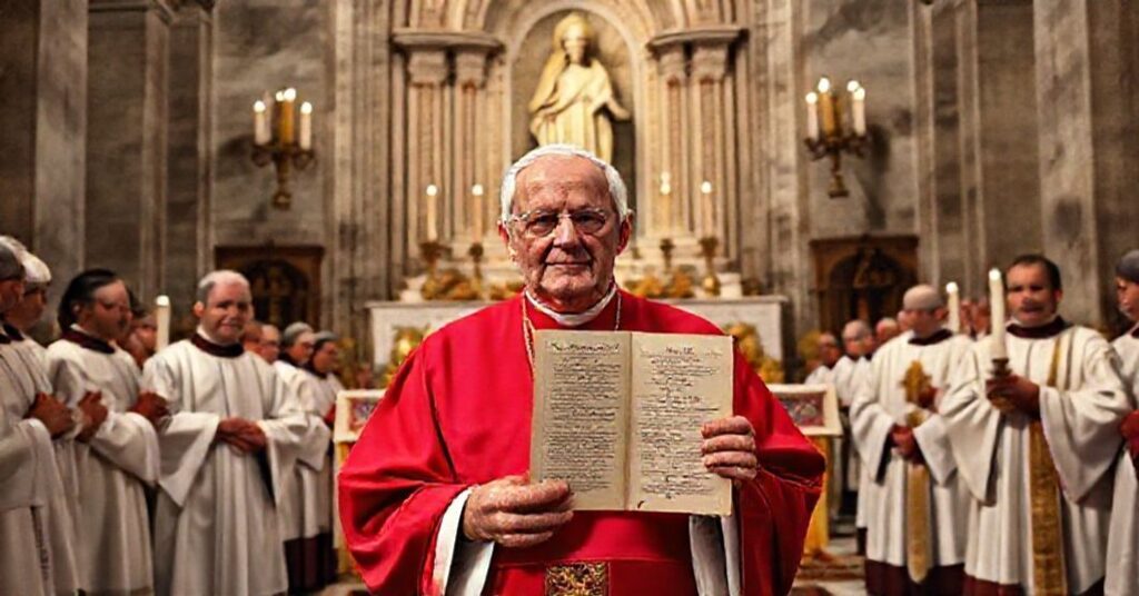 Portrait of Benedict Aloisi Masella receiving jubilee honors at the Lateran Basilica with a marble monument to the Blessed Virgin Mary