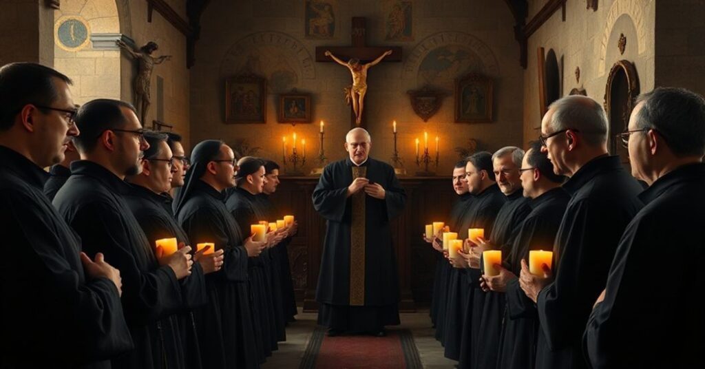 Benedictine monks listening to John XXIII's 1959 allocution at Anselmianum on the Aventine Hill, reflecting on its subtle revolutionary undertones.