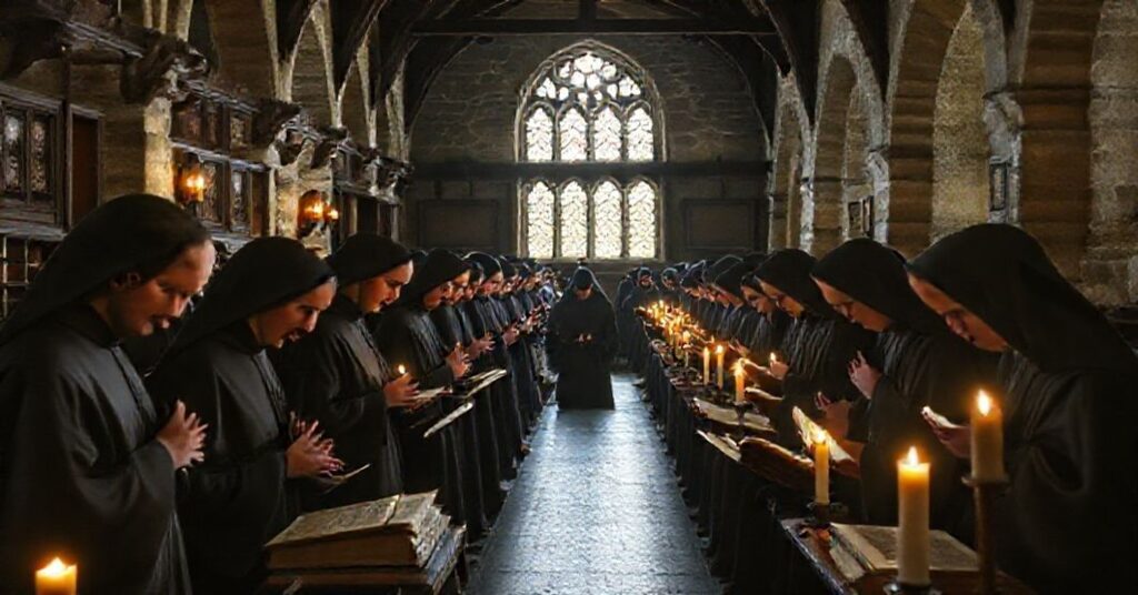 Benedictine monks in prayer during the Divine Office in a historic monastery, reflecting traditional Catholic values and monastic discipline.