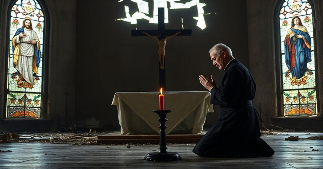 A traditional Catholic priest kneeling in prayer before a destroyed altar, symbolizing the betrayal of the Kingship of Christ by Mater et Magistra's secular utopianism.
