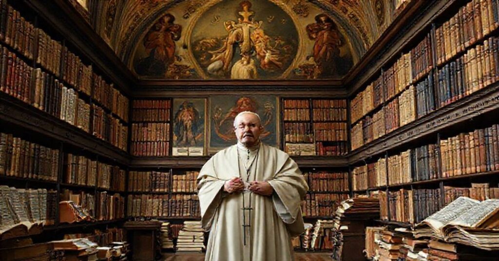 A reverent depiction of a traditional Catholic library with Anselmo Albareda, O.S.B., highlighting the contrast between true Catholic doctrine and the naturalistic humanism promoted by John XXIII.