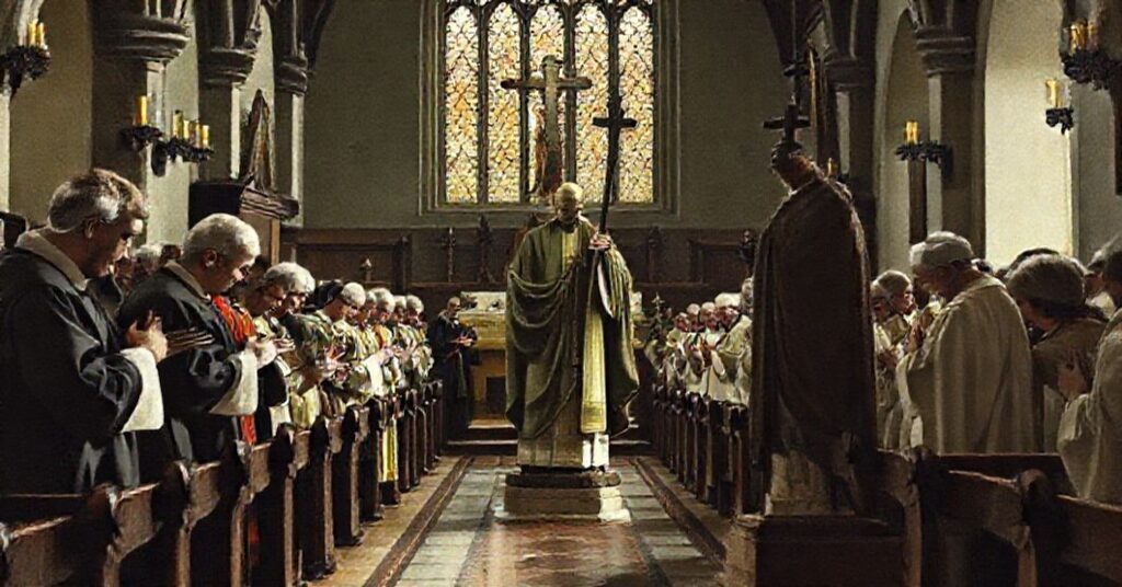 A somber depiction of a traditional Catholic Mass in an Irish church with St. Patrick's statue, symbolizing the betrayal of his mission during the conciliar revolution.