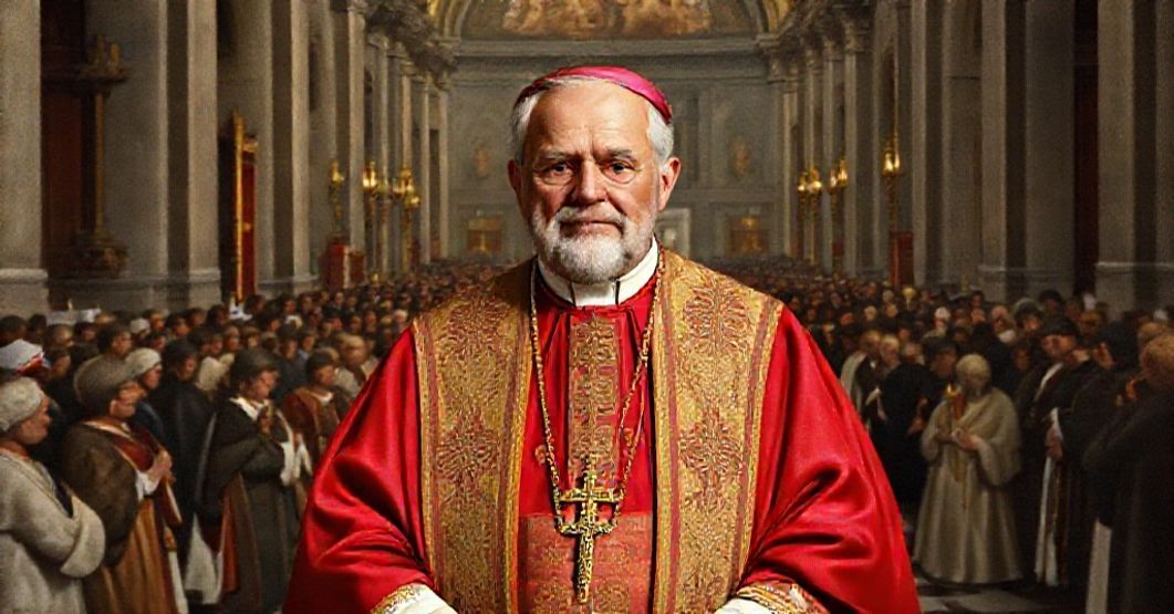 Bishop Alfonso Castaldo in traditional Catholic episcopal vestments standing in a grand cathedral in Naples surrounded by symbols of his administrative achievements.