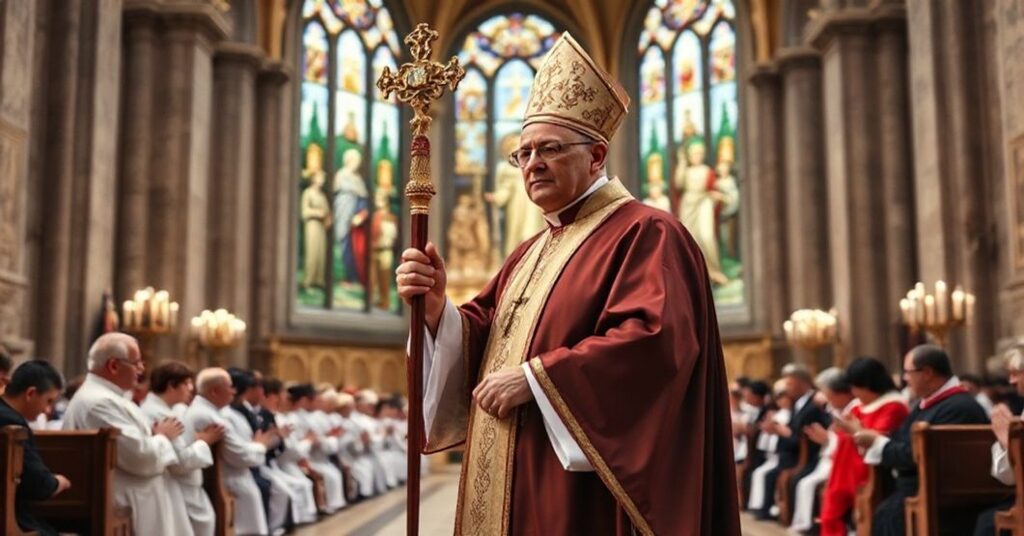 A traditional Catholic bishop in full episcopal vestments stands solemnly in a grand cathedral during a pontifical Mass celebrating his 25th jubilee as a bishop.