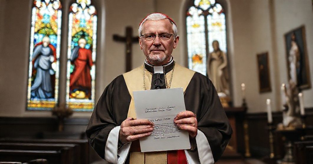 Portrait of Bishop Antonio Maria Barbieri holding a letter from John XXIII in a traditional Catholic chapel.