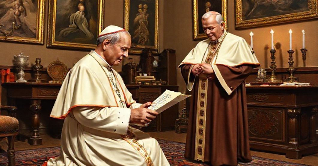 Bishop Antonio Marià Barbieri receiving a Latin letter from John XXIII in a traditional Catholic bishop's study.