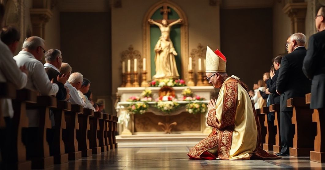 Bishop Beniamino Ubaldi kneeling in prayer before a statue of St. Ubaldo in a traditional Catholic church, surrounded by devout faithful.