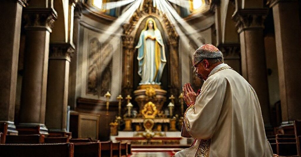 Bishop Antonio Ignacio Camargo kneeling in prayer before a statue of Our Lady of Peace in the main church of Trujillo, Venezuela.