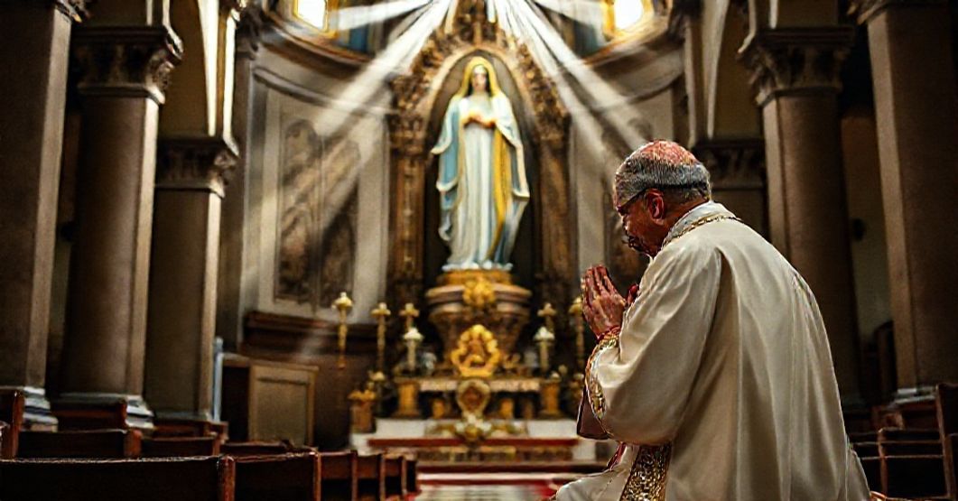 Bishop Antonio Ignacio Camargo kneeling in prayer before a statue of Our Lady of Peace in the main church of Trujillo, Venezuela.