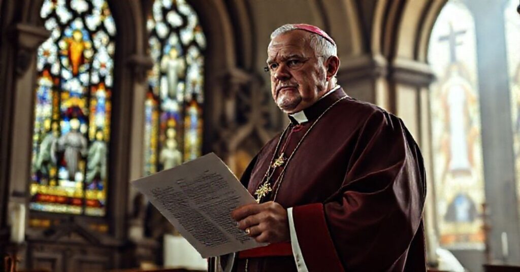 A traditional Catholic bishop in liturgical vestments holding a Latin decree, standing in front of a historic Mexican church with stained-glass windows depicting the Sacred Heart of Jesus and scenes from the lives of the saints.