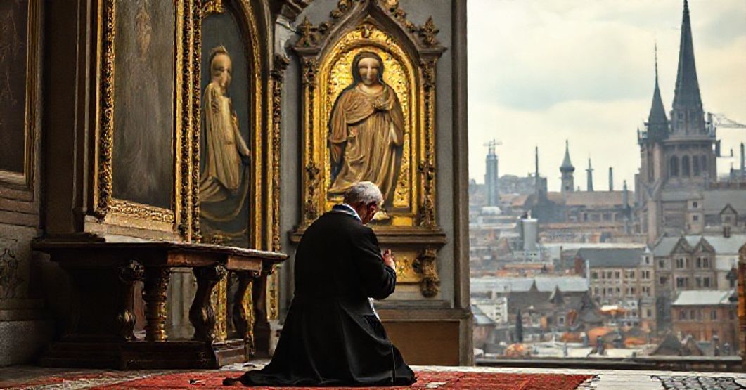 Bishop Franz Hengsbach kneeling in prayer before the Golden Madonna of Essen, symbolizing traditional Catholic devotion amidst conciliar compromise.