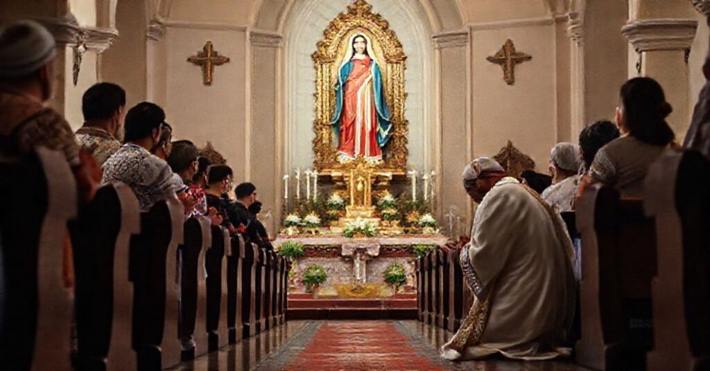 A reverent moment of devotion as Bishop José Carlos de Aguirre kneels before the Marian image of Nossa Senhora da Ponte in a historic Sorocaba church, surrounded by faithful observers.