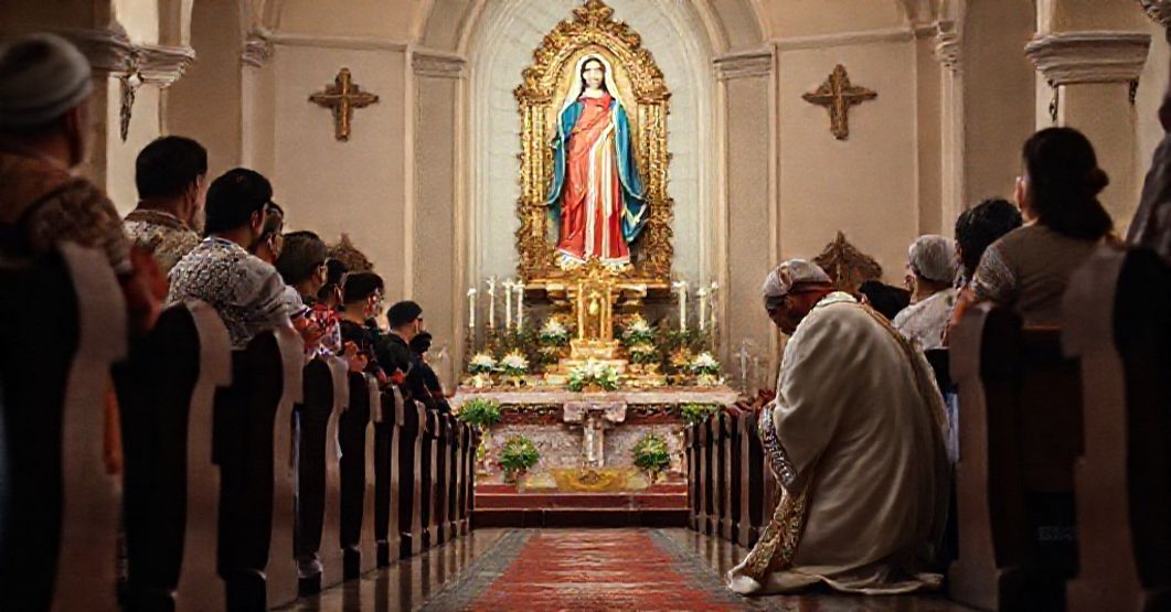 A reverent moment of devotion as Bishop José Carlos de Aguirre kneels before the Marian image of Nossa Senhora da Ponte in a historic Sorocaba church, surrounded by faithful observers.