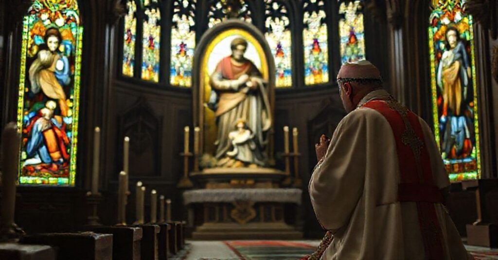 A Catholic bishop kneeling in prayer before a statue of St. Joseph with the Child Jesus and the Virgin Mary in a reverent chapel.