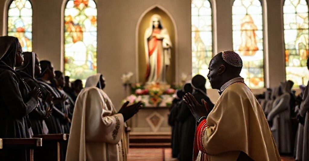 A Catholic bishop kneels in prayer before a statue of the Immaculate Conception in a Kenyan church, surrounded by devout African faithful.