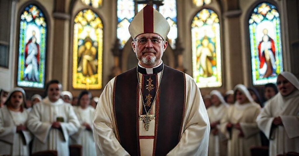 Portrait of Bishop Melchior Giedraitis in traditional liturgical vestments, surrounded by faithful Lithuanian Catholics in a historic church.