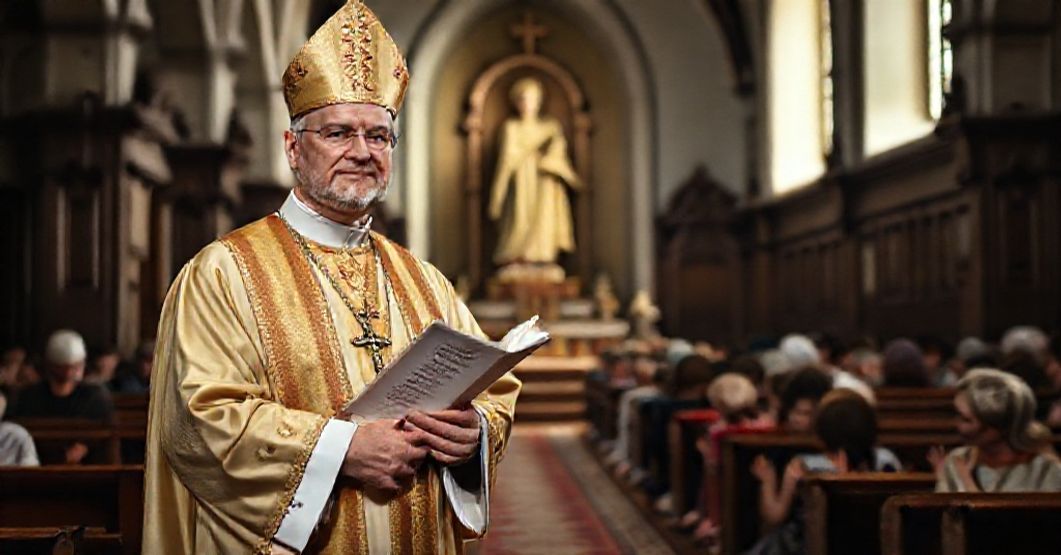 Bishop Melchior Giedraitis in a traditional Lithuanian Catholic church with faithful kneeling before Our Lady of Šiluva