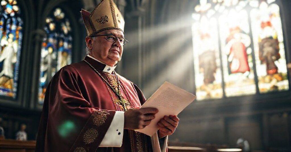 A solemn Catholic bishop holds a papal decree in Nagasaki Cathedral, reflecting on the spiritual crisis in Japan.
