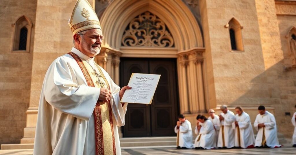A solemn portrait of a traditional Catholic bishop in full liturgical vestments standing before the ancient facade of the Church of St. Nicholas in Alicante, Spain, holding a parchment scroll bearing the title 'Oriolensis-Lucentina'.