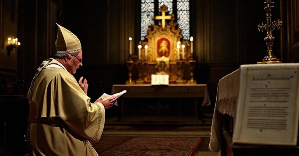 A traditional Catholic bishop kneeling in prayer before a monstrance with a copy of 'Omnes sane' on the altar.