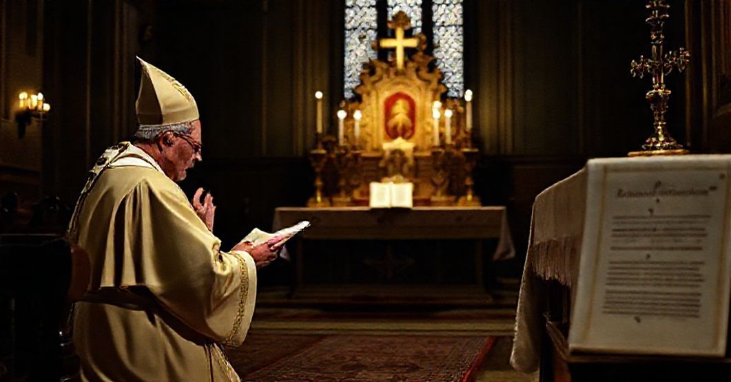 A traditional Catholic bishop kneeling in prayer before a monstrance with a copy of 'Omnes sane' on the altar.