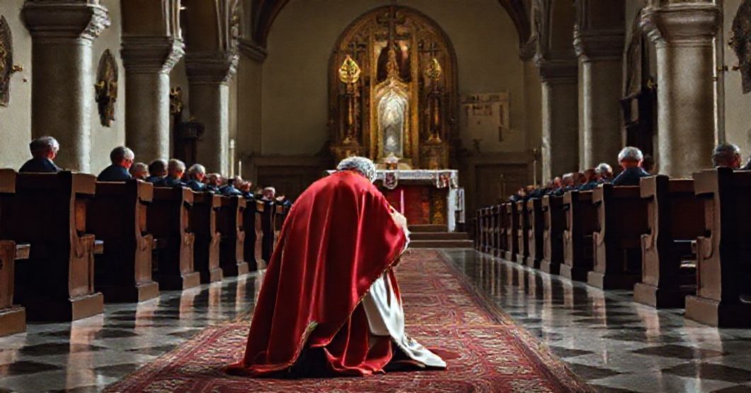 Traditional Catholic bishop praying in St. Julian's Church in Ferrol, Spain, with Mondoñedo in the background.