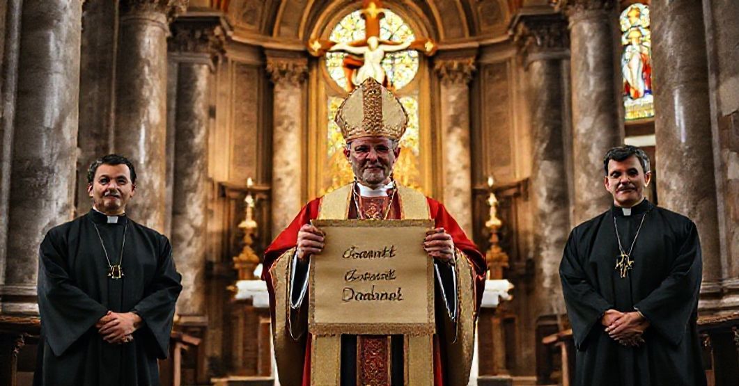 A Catholic bishop presenting the 'Sancti Dominici' document in a historic Dominican church.