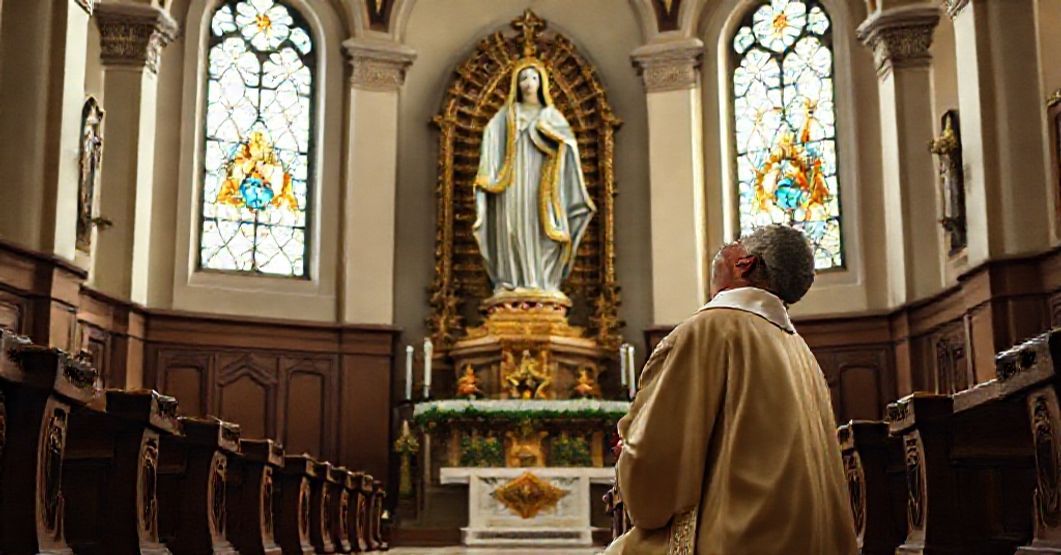 Bishop Miguel Raspanti kneeling in reverence before a statue of the Immaculate Conception in a traditional Catholic church setting.