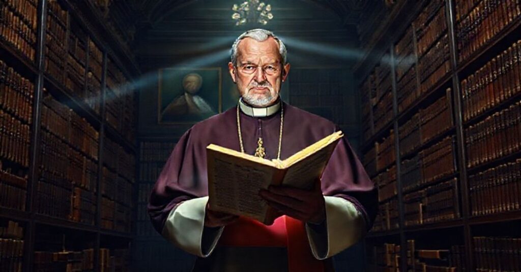 A solemn bishop reflects on Ad Petri cathedram in a Vatican library, surrounded by historical texts and papal portraits.