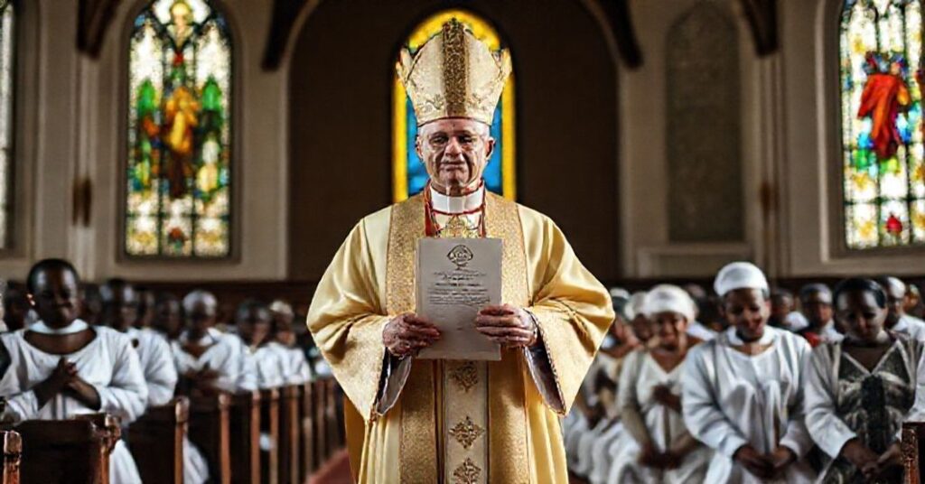 A Catholic bishop in traditional vestments decrees Saint Patrick as the patron of the Diocese of Ibadan in a serene church setting.