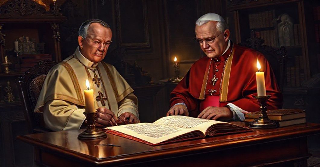 Bishop Louis Shvoy receives a letter from John XXIII in a dimly lit bishop's study, symbolizing the subversion of the Catholic faith during the conciliar revolution.
