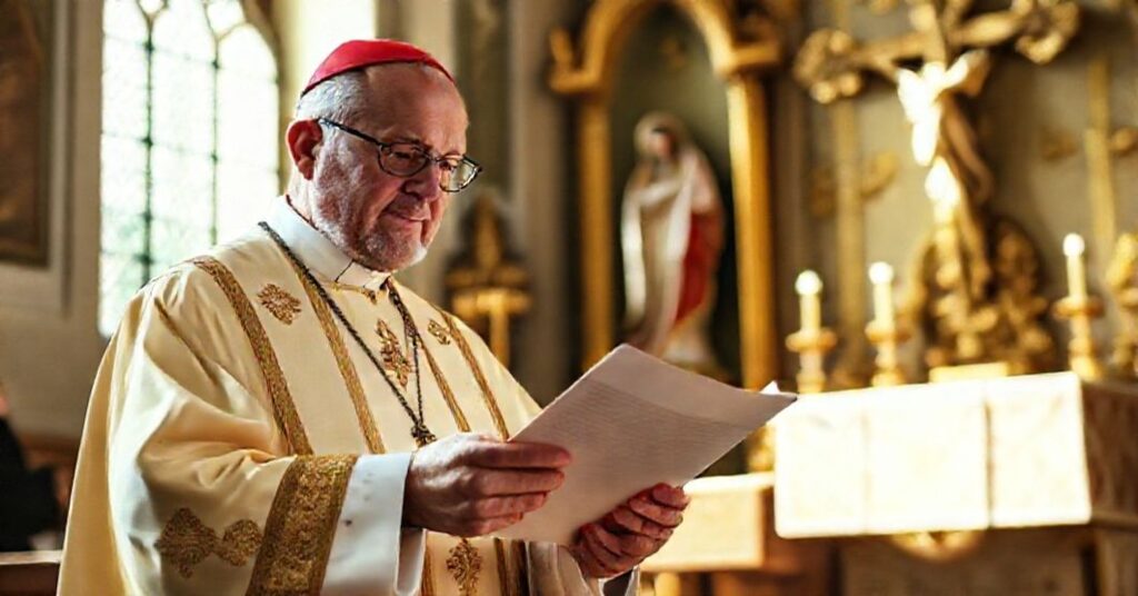 Bishop Lajos Shvoy of Székesfehérvár receiving a letter from John XXIII in a traditional Catholic church setting.