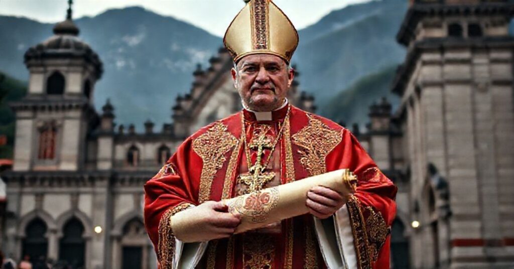 A traditional Catholic bishop in liturgical vestments stands solemnly before a historic cathedral in Simla, India, holding a scroll representing the 1959 ecclesial decree.