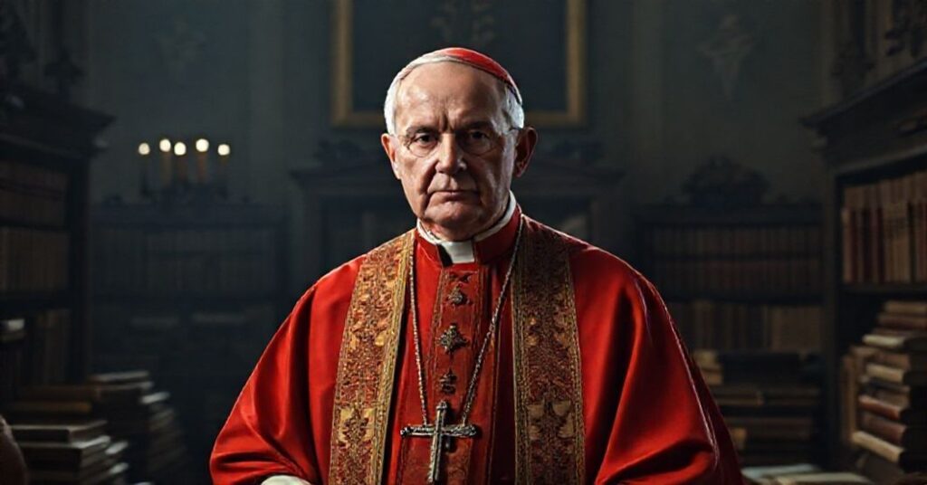 A solemn bishop in traditional vestments stands in a dimly lit Vatican office, surrounded by ancient books and documents, symbolizing the betrayal of the Catholic faith during the conciliar revolution.