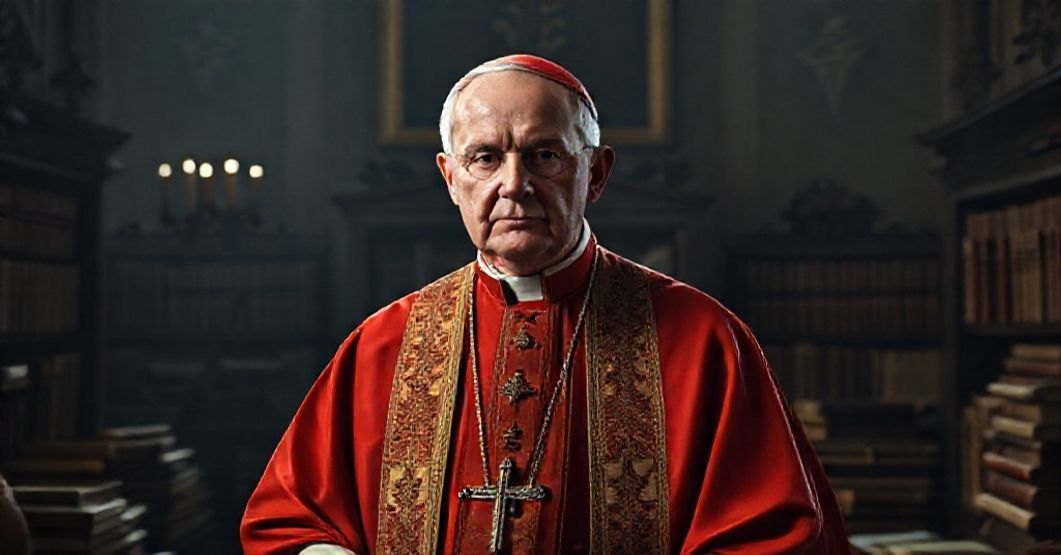 A solemn bishop in traditional vestments stands in a dimly lit Vatican office, surrounded by ancient books and documents, symbolizing the betrayal of the Catholic faith during the conciliar revolution.