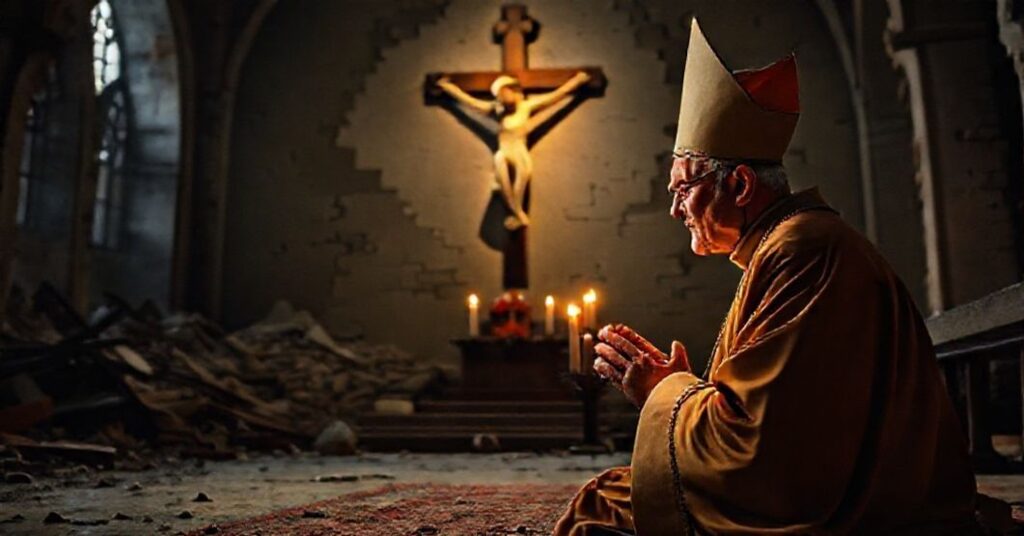 Bishop Aloysius Stepinac in prayer before a crucifix in a war-torn church in Zagreb, symbolizing his perseverance and faith under communist persecution.