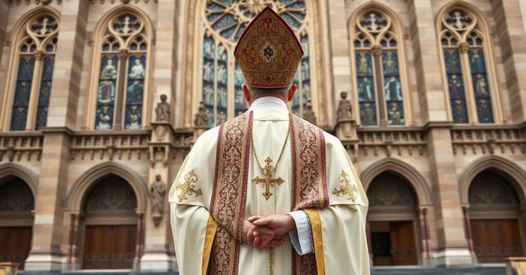 A traditional Catholic bishop in full liturgical regalia stands solemnly before the cathedral of the Assumption of the Blessed Virgin Mary in Hiroshima, Japan.