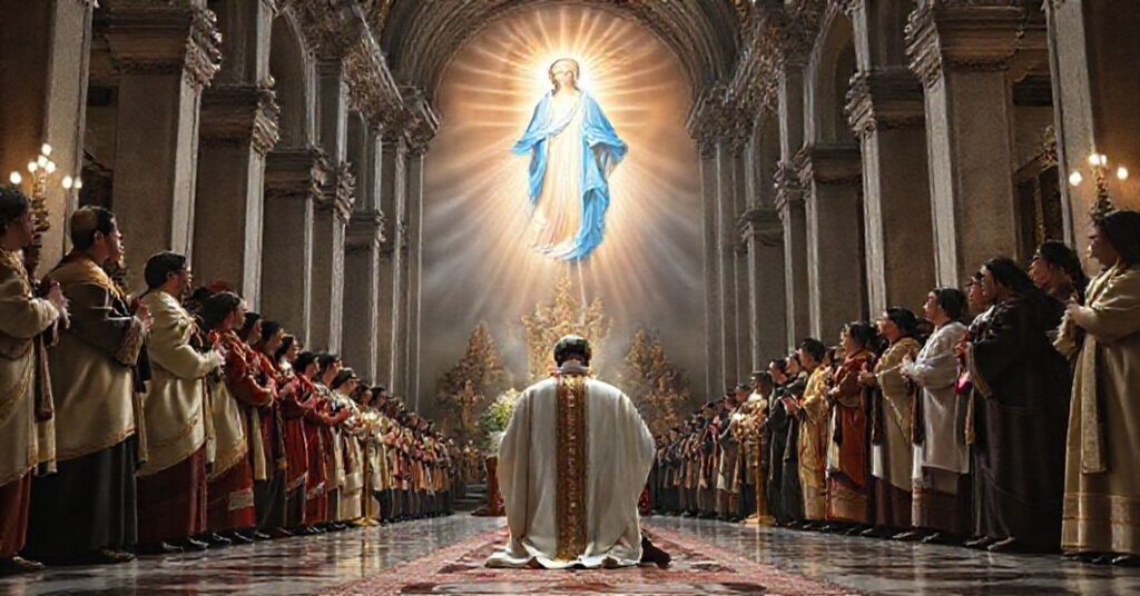 Bishop Antonio José Plaza kneeling in prayer before a celestial vision of the Virgin Mary as the Immaculate Conception in a grand cathedral.