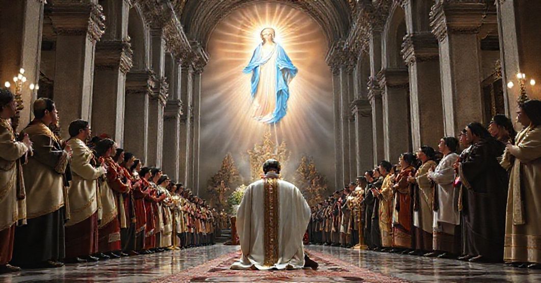Bishop Antonio José Plaza kneeling in prayer before a celestial vision of the Virgin Mary as the Immaculate Conception in a grand cathedral.