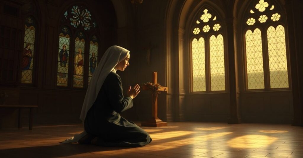 A traditional Catholic depiction of Blessed Joaquina de Vedruna de Mas in prayer, symbolizing her sanctity and maternal charity.