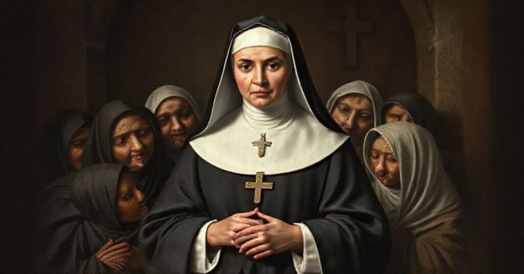 A reverent portrait of Blessed Marie-Marguerite d'Youville amidst the poor and sick, highlighting her charity and devotion while subtly contrasting traditional Catholic values with post-conciliar humanitarianism.