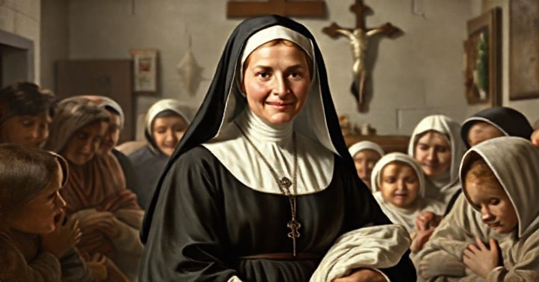 Portrait of Blessed Marie-Marguerite Dufrost de Lajemmerais surrounded by the poor and sick in a traditional Catholic setting.