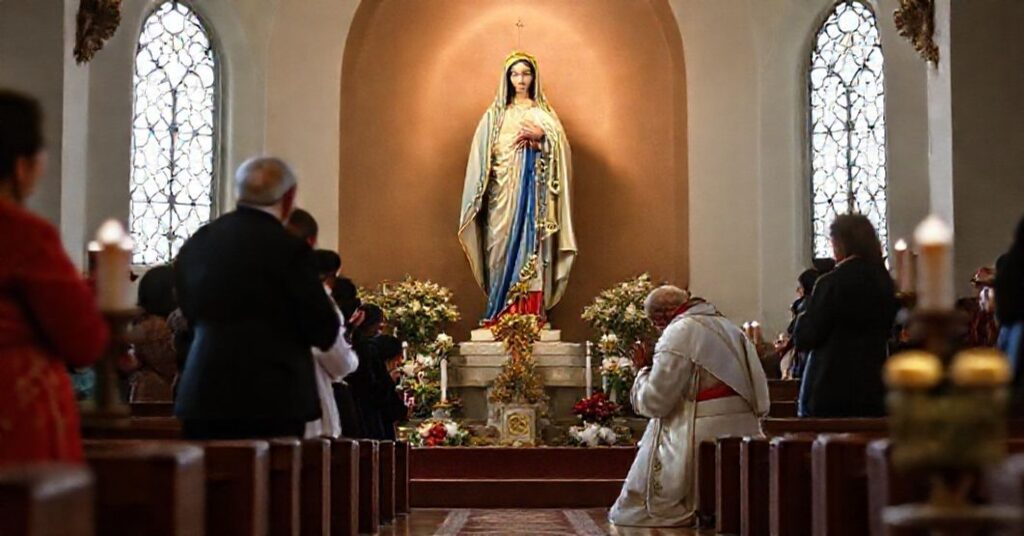 A reverent Catholic image of the Blessed Virgin Mary as Help of Christians in a chapel of the Diocese of Viedma, with Bishop Joseph Borgatti praying before her statue.