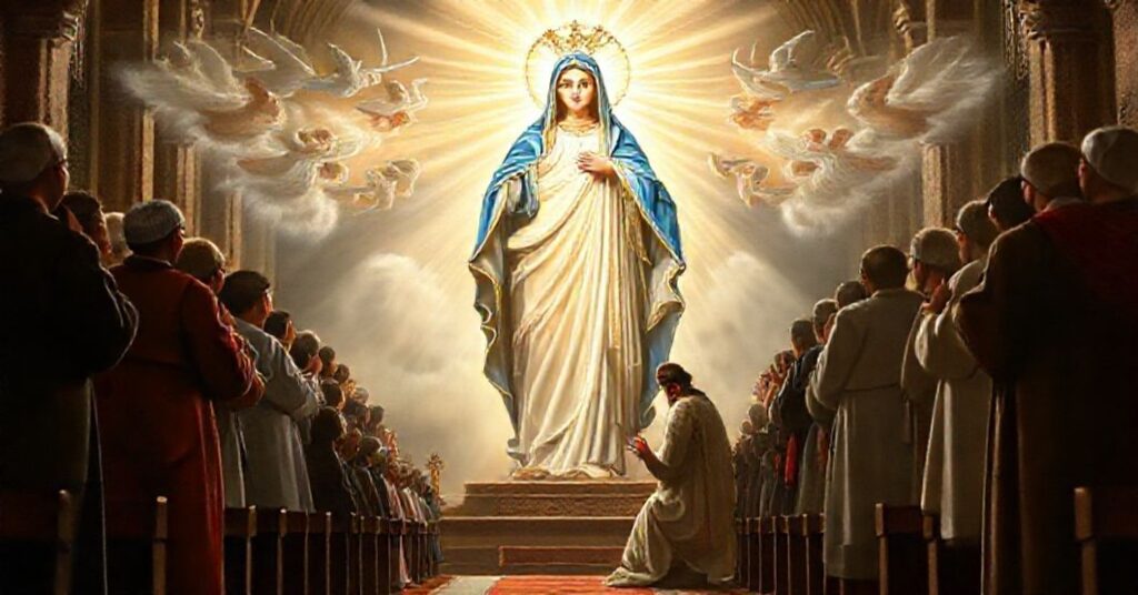 A reverent depiction of the Blessed Virgin Mary Assumed into Heaven as the heavenly patroness of the Diocese of Greensburg, with Bishop William Connare kneeling in devotion.