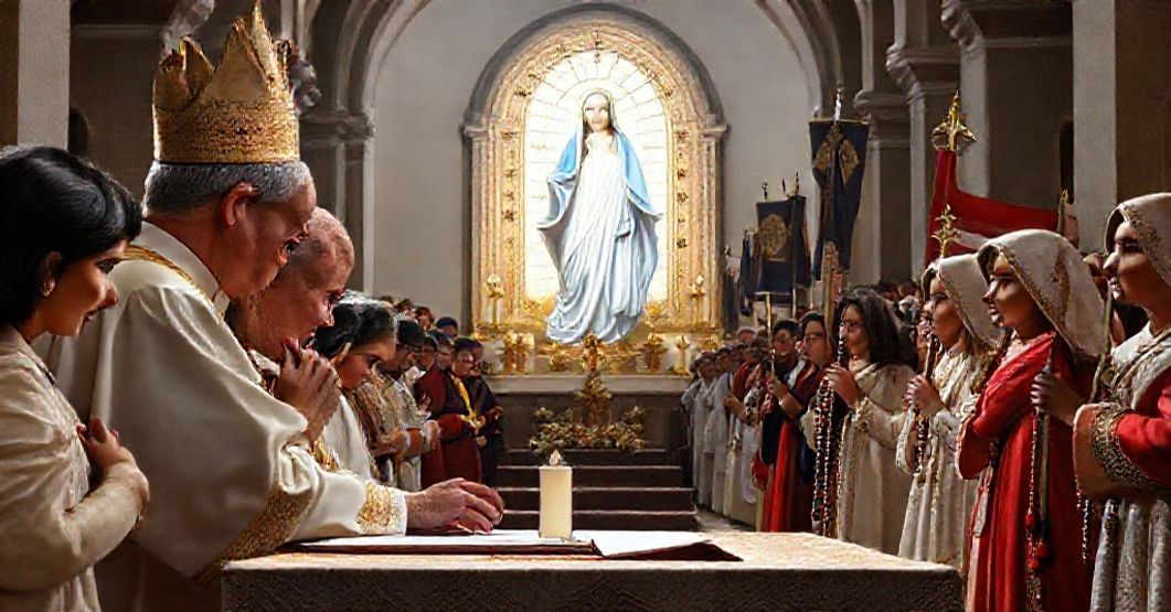 A reverent depiction of the Blessed Virgin Mary as patroness of Jujuy diocese with John XXIII signing the decree.