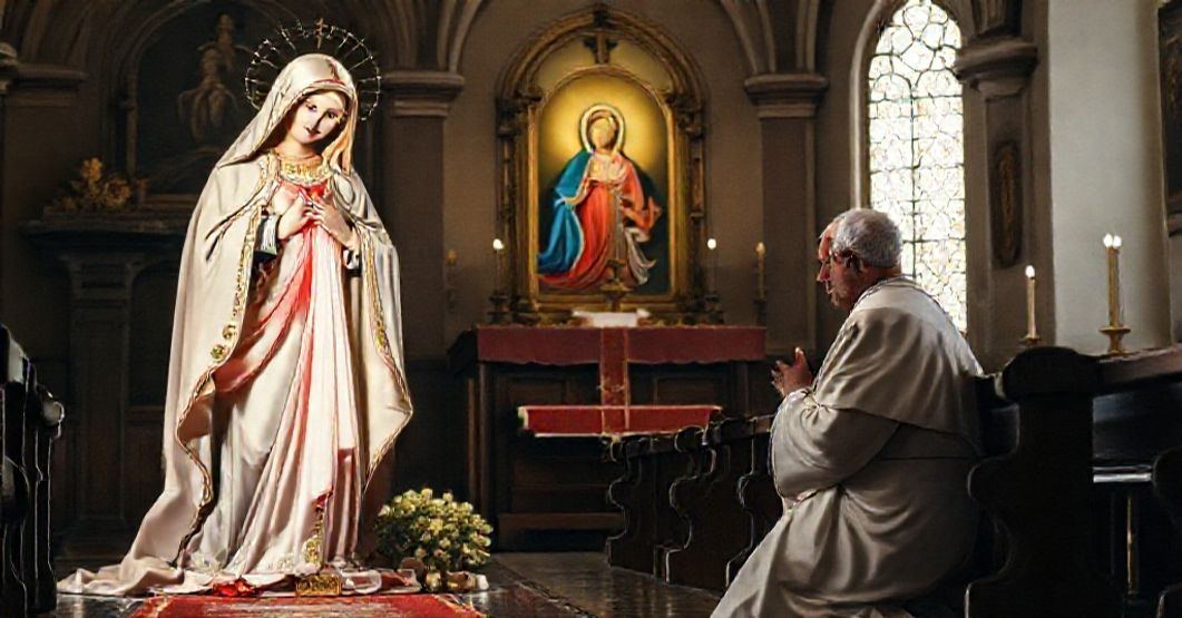 Blessed Virgin Mary of the Immaculate Heart as patroness of Oudtshoorn Diocese with Bishop Bruno Hippel in prayer.
