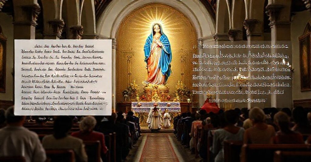 The Blessed Virgin Mary under the title 'from the Most Holy Rosary de Arma' as principal patroness of Sonsón diocese with Bishop Albertus Uribe Urdaneta and faithful in prayer.