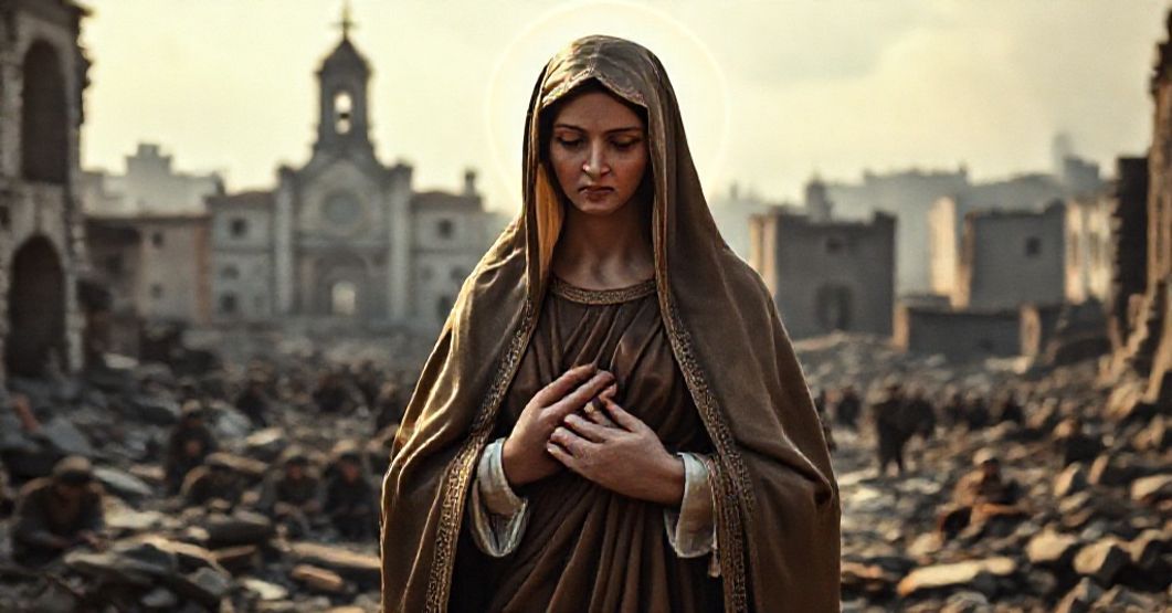 Blessed Virgin Mary Comforting Civilian War Victims The Blessed Virgin Mary as Queen of Peace amidst the ruins of war-torn Italy, comforting civilian victims.